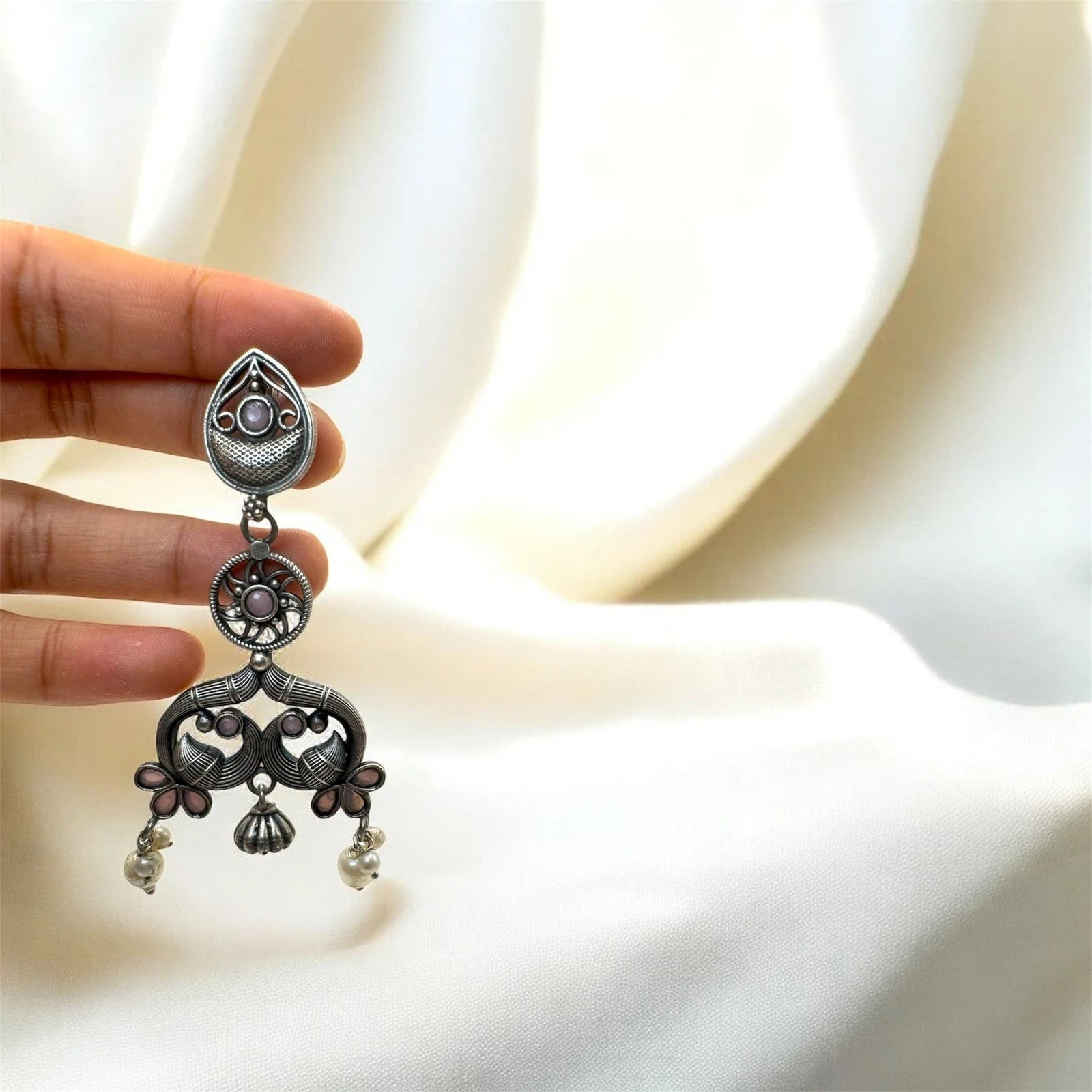 Vintage Oxidized Silver Dangle Earrings with Pearl Charms – view 2