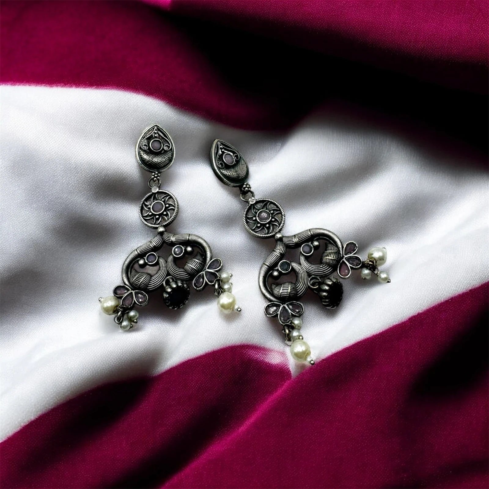 Vintage Oxidized Silver Dangle Earrings with Pearl Charms – view 3