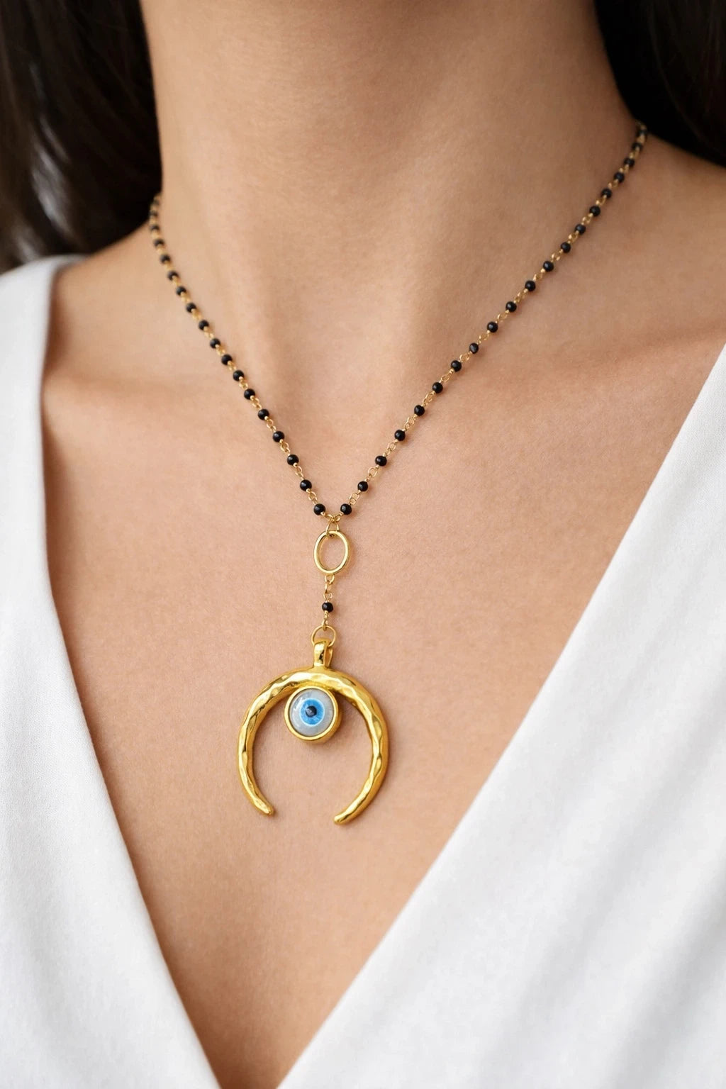 Gold Crescent Moon Evil Eye Necklace – view 2