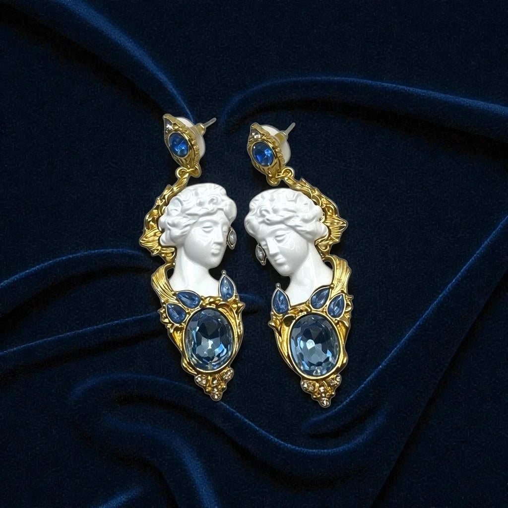 Cameo Pendant with Blue Crystal Earrings