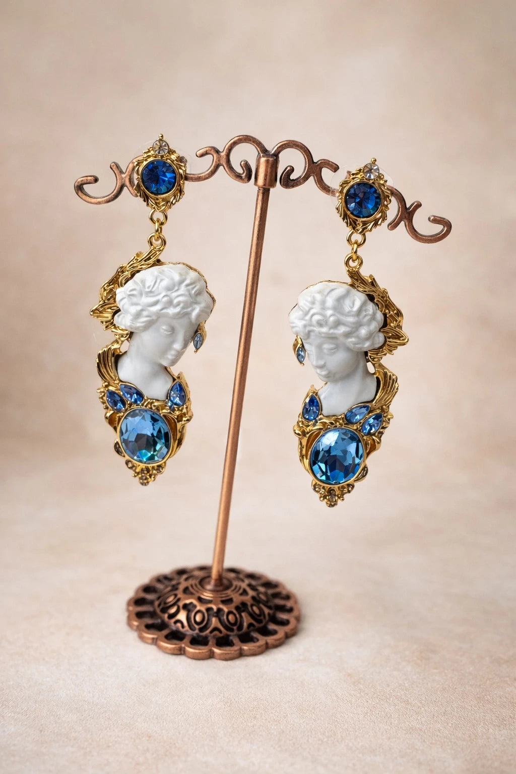 Cameo Pendant with Blue Crystal Earrings – view 2