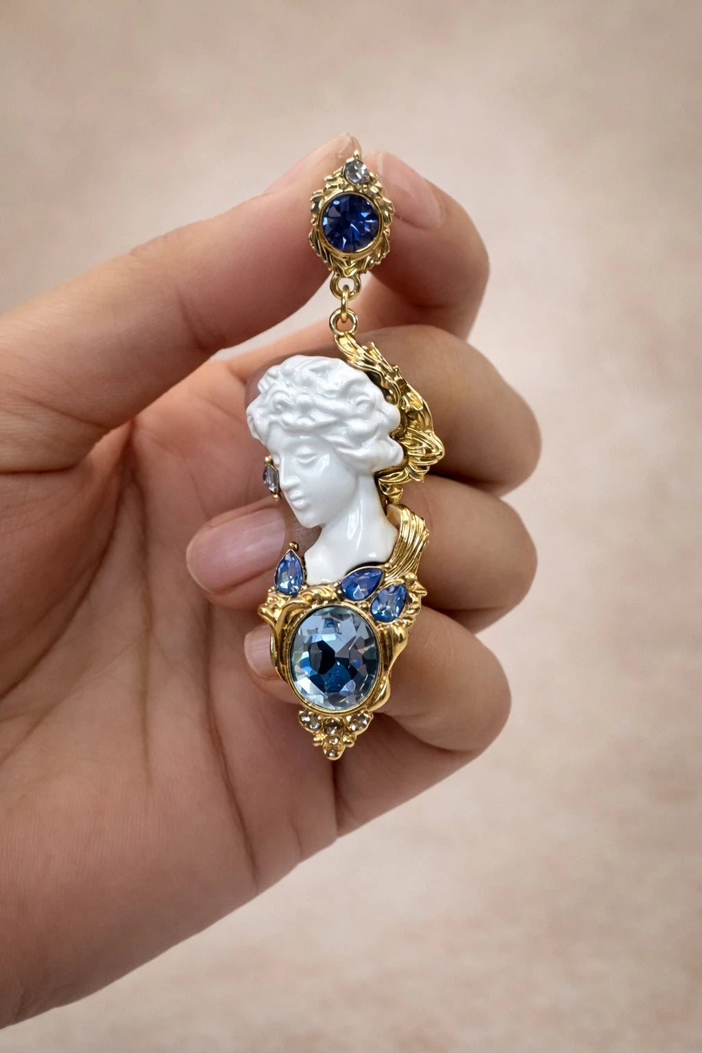 Cameo Pendant with Blue Crystal Earrings – view 3
