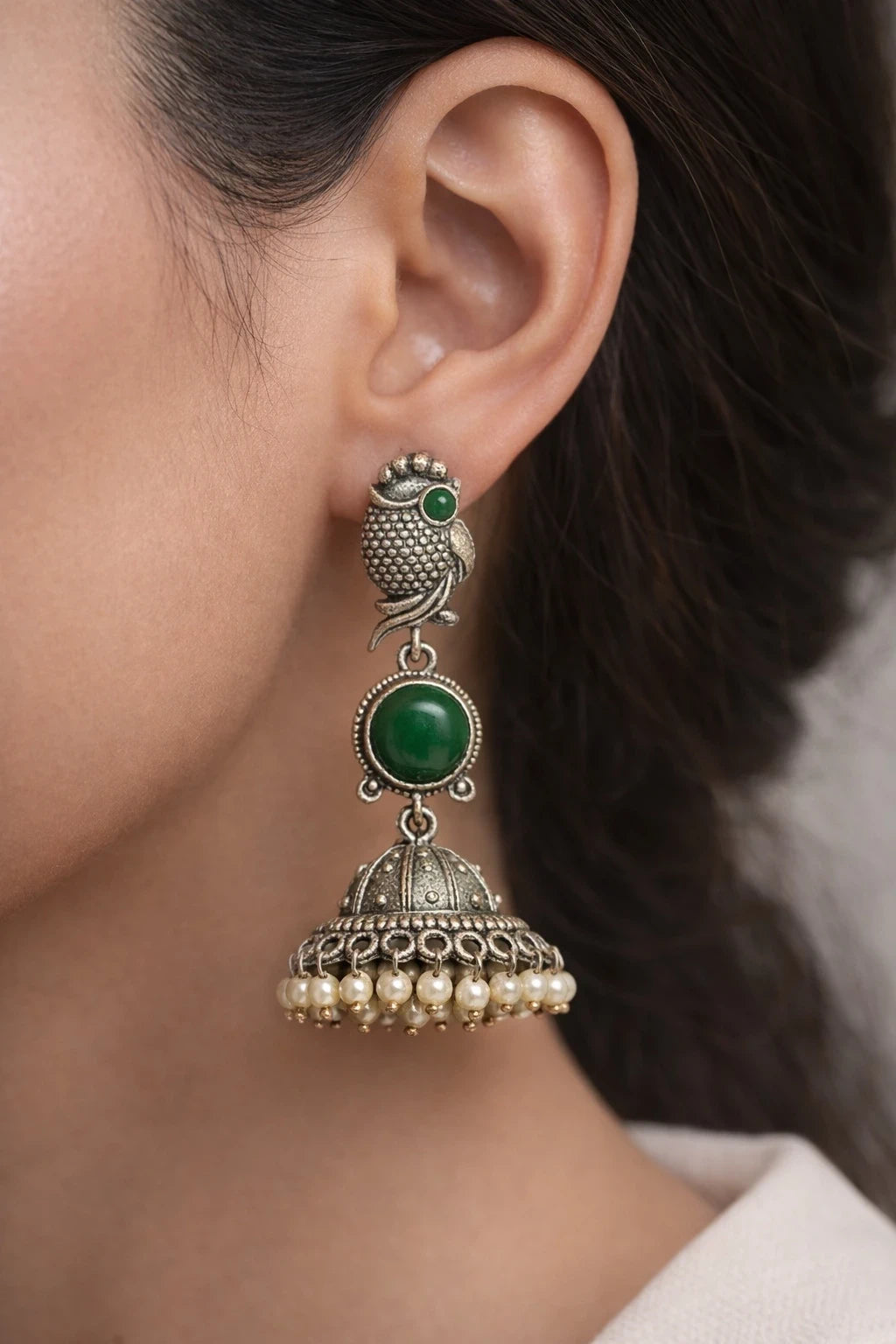 Owl Jhumka Earrings with green stone – view 2