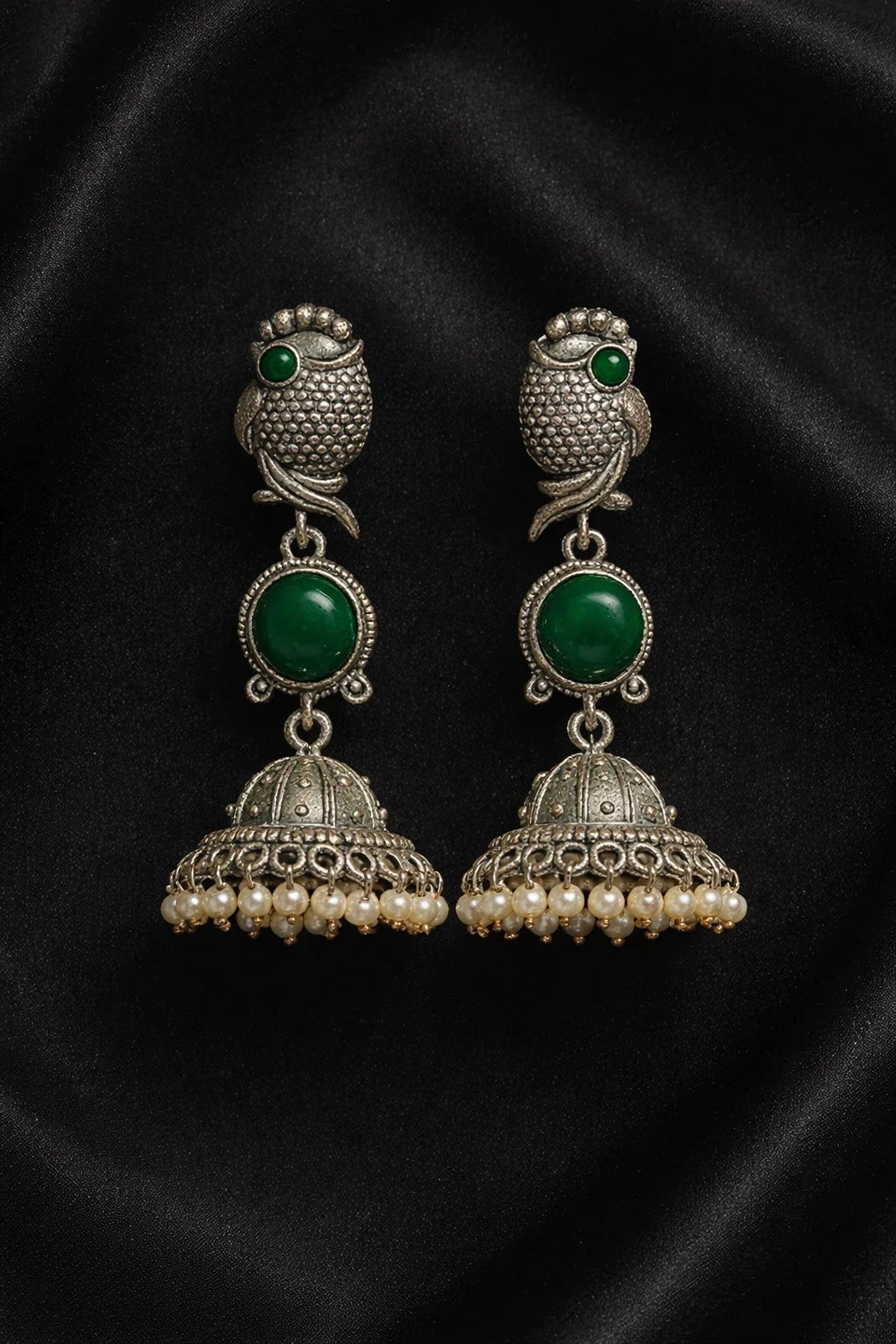 Owl Jhumka Earrings with green stone