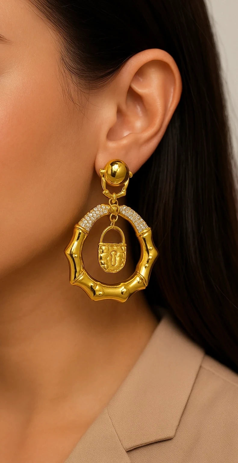 Gold Bamboo Hoop Earrings with Lock Charm