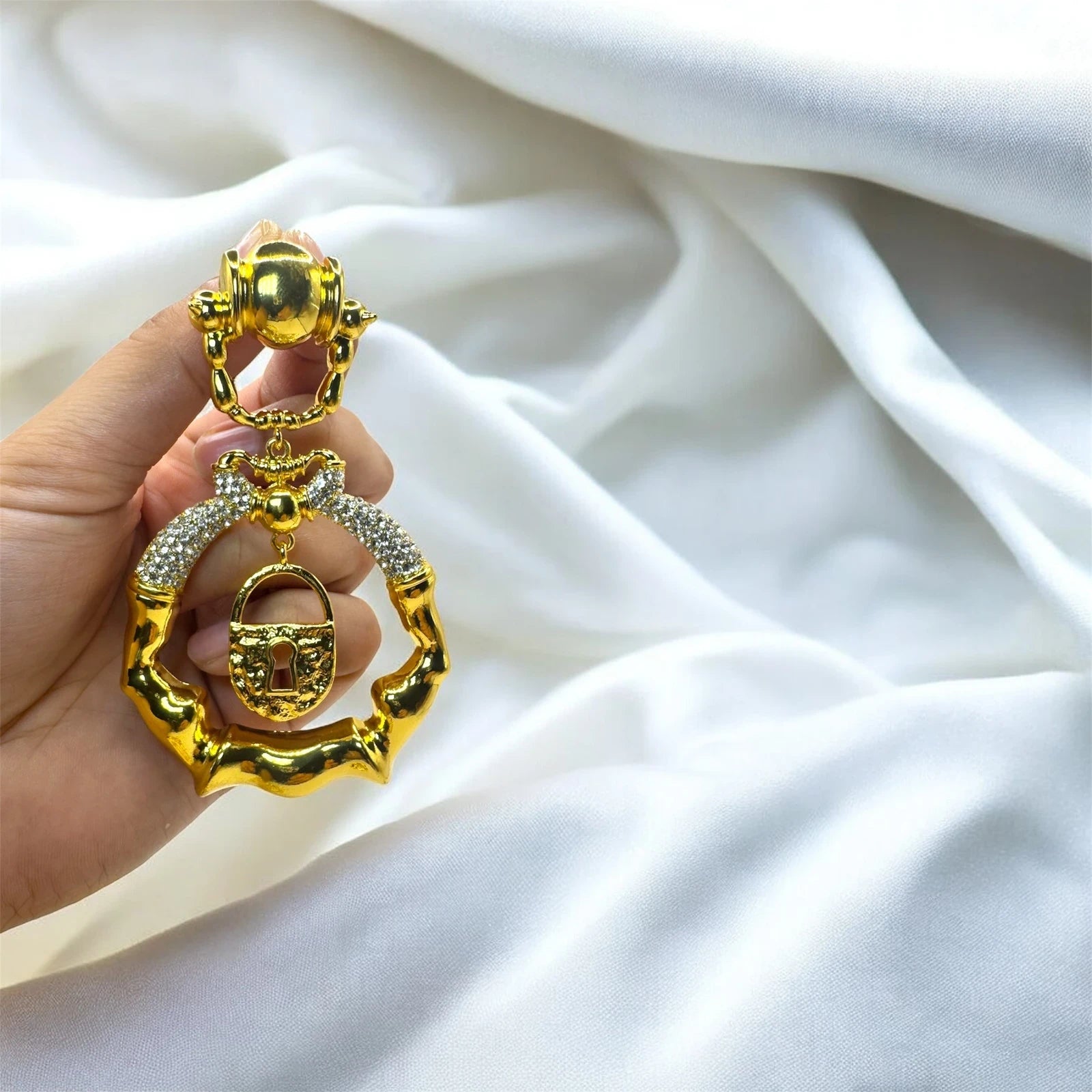 Gold Bamboo Hoop Earrings with Lock Charm – view 3