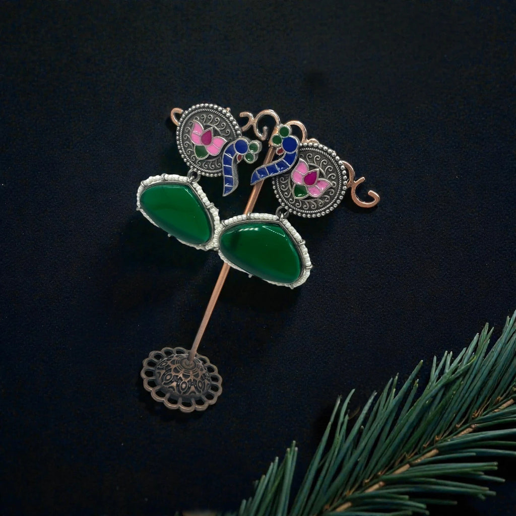 Peacock Earrings with Green Stone – view 3