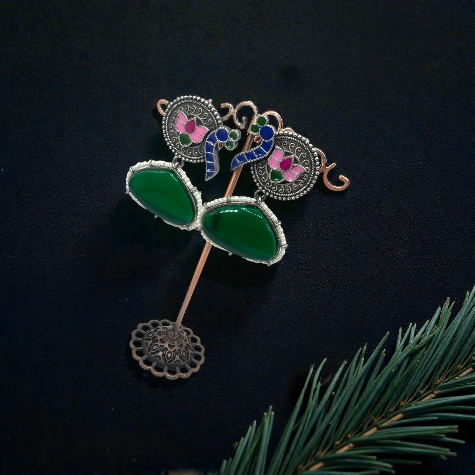 Peacock Earrings with Green Stone – view 3