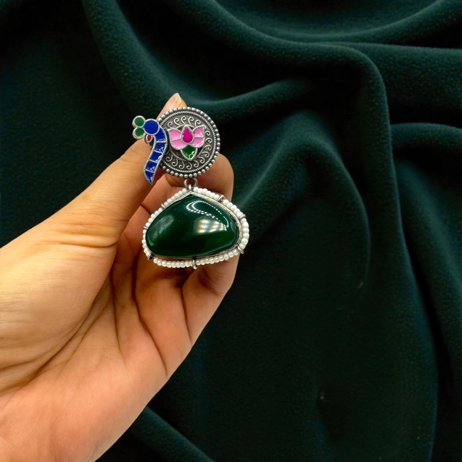 Peacock Earrings with Green Stone – view 2