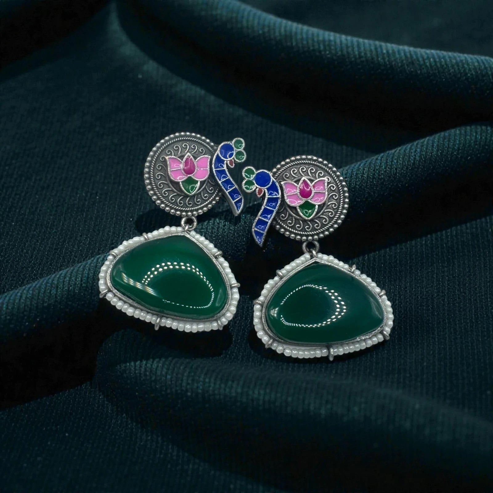 Peacock Earrings with Green Stone