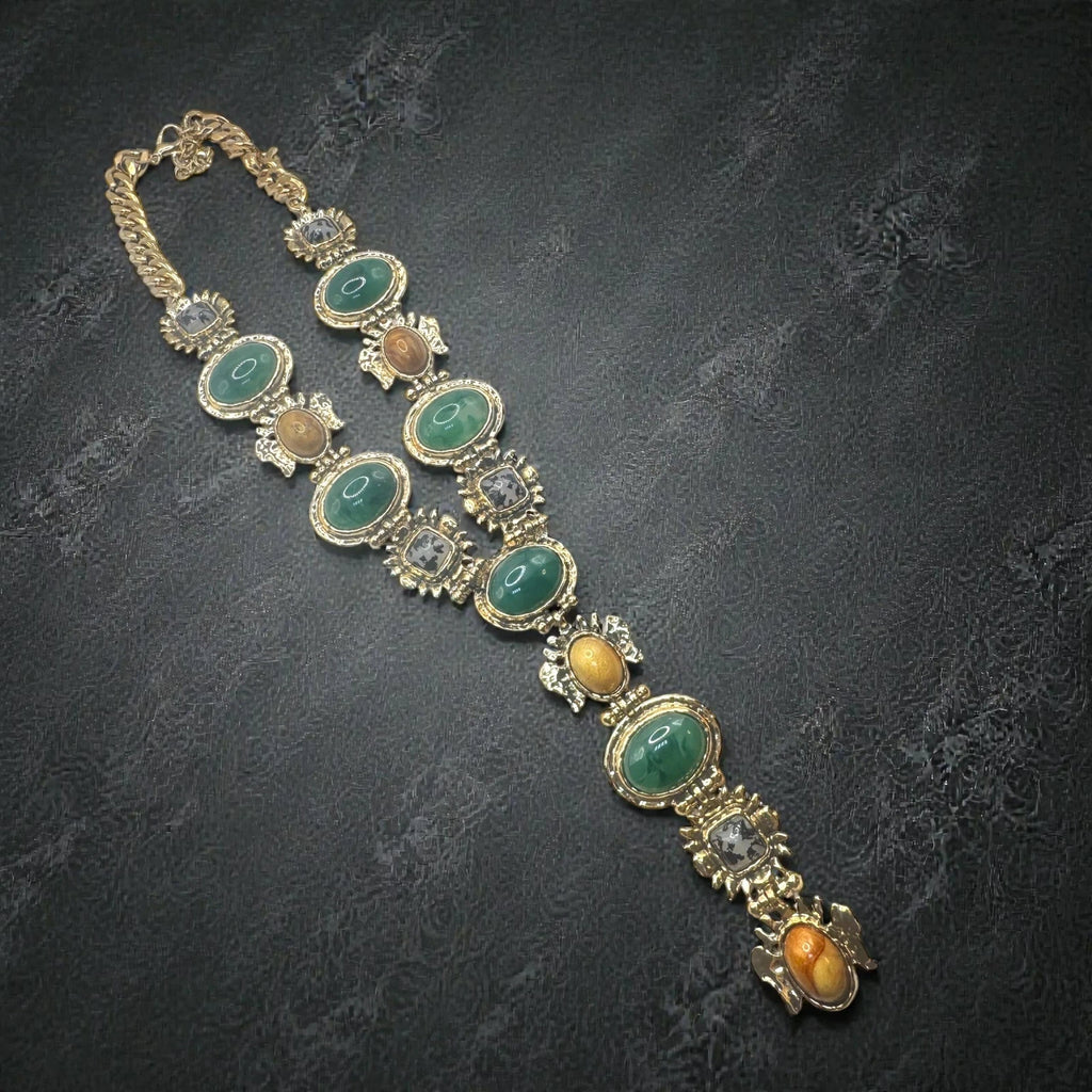 Luxury Gold Necklace with Green & Amber Stones – view 2