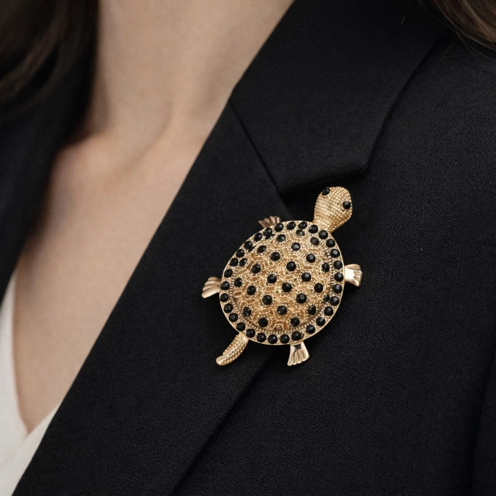 Gold Turtle Brooch with Black Stones
