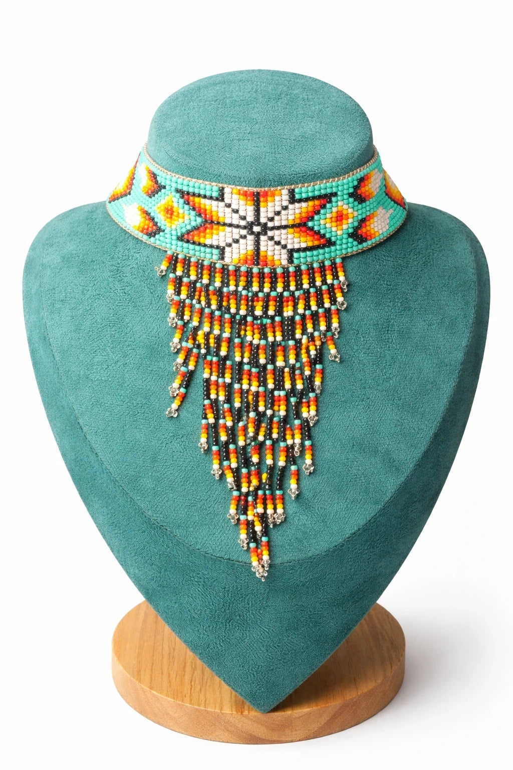 Handcrafted Turquoise Beaded Choker Necklace with Starburst Fringe