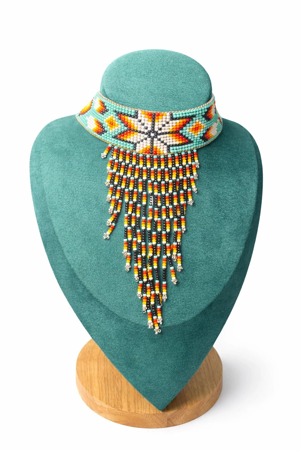 Handcrafted Turquoise Beaded Choker Necklace with Starburst Fringe – view 3