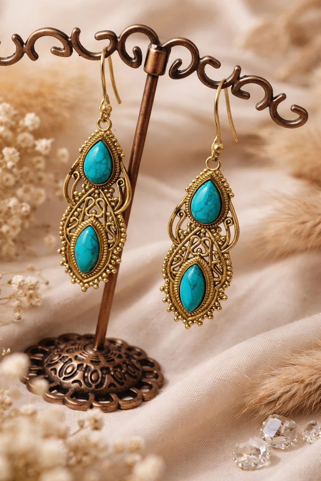 Bohemian Gold Turquoise Drop Earrings – view 2