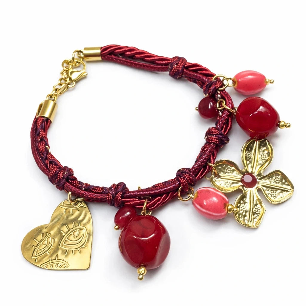 Red Charm Bracelet with Gold Flower & Beads – view 3