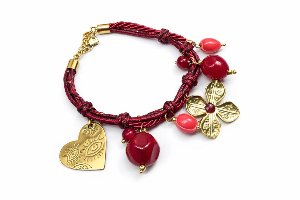 Red Charm Bracelet with Gold Flower & Beads – view 4
