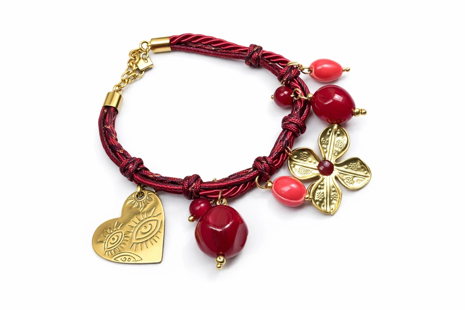 Red Charm Bracelet with Gold Flower & Beads – view 4