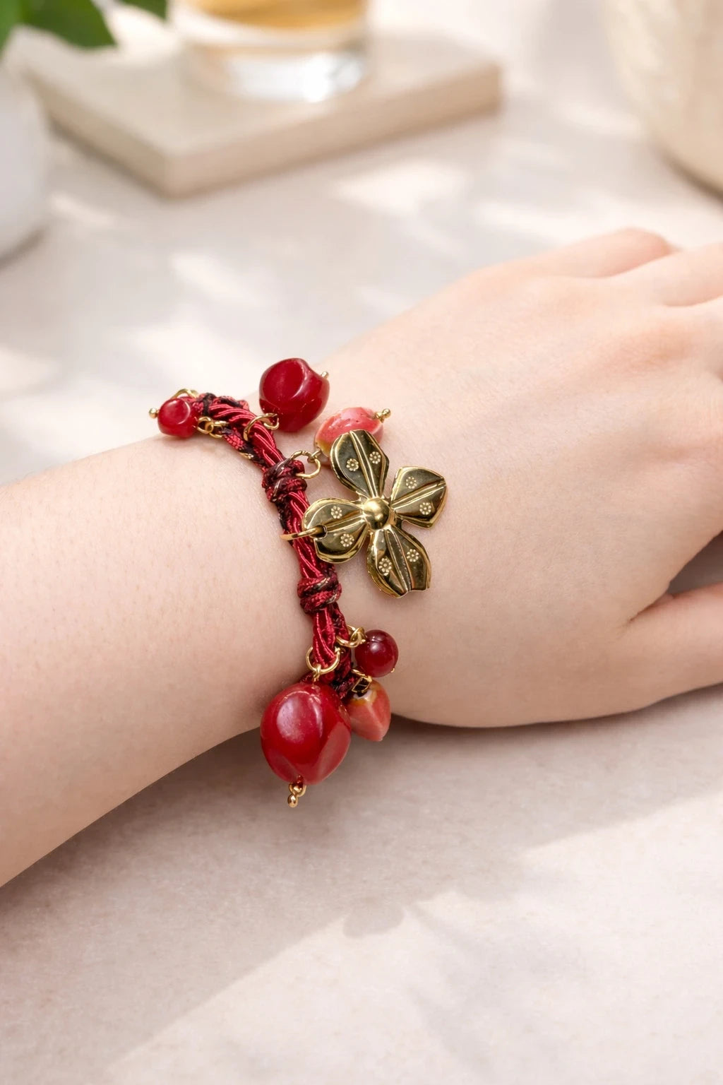 Red Charm Bracelet with Gold Flower & Beads – view 2
