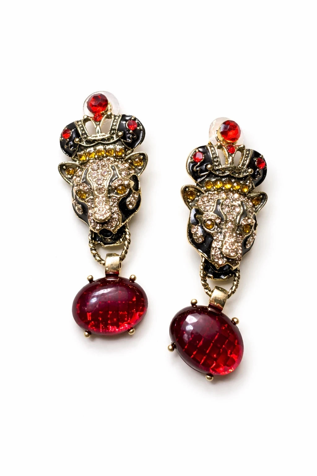 Luxury Panther Head Red Crystal Drop Earrings – view 2