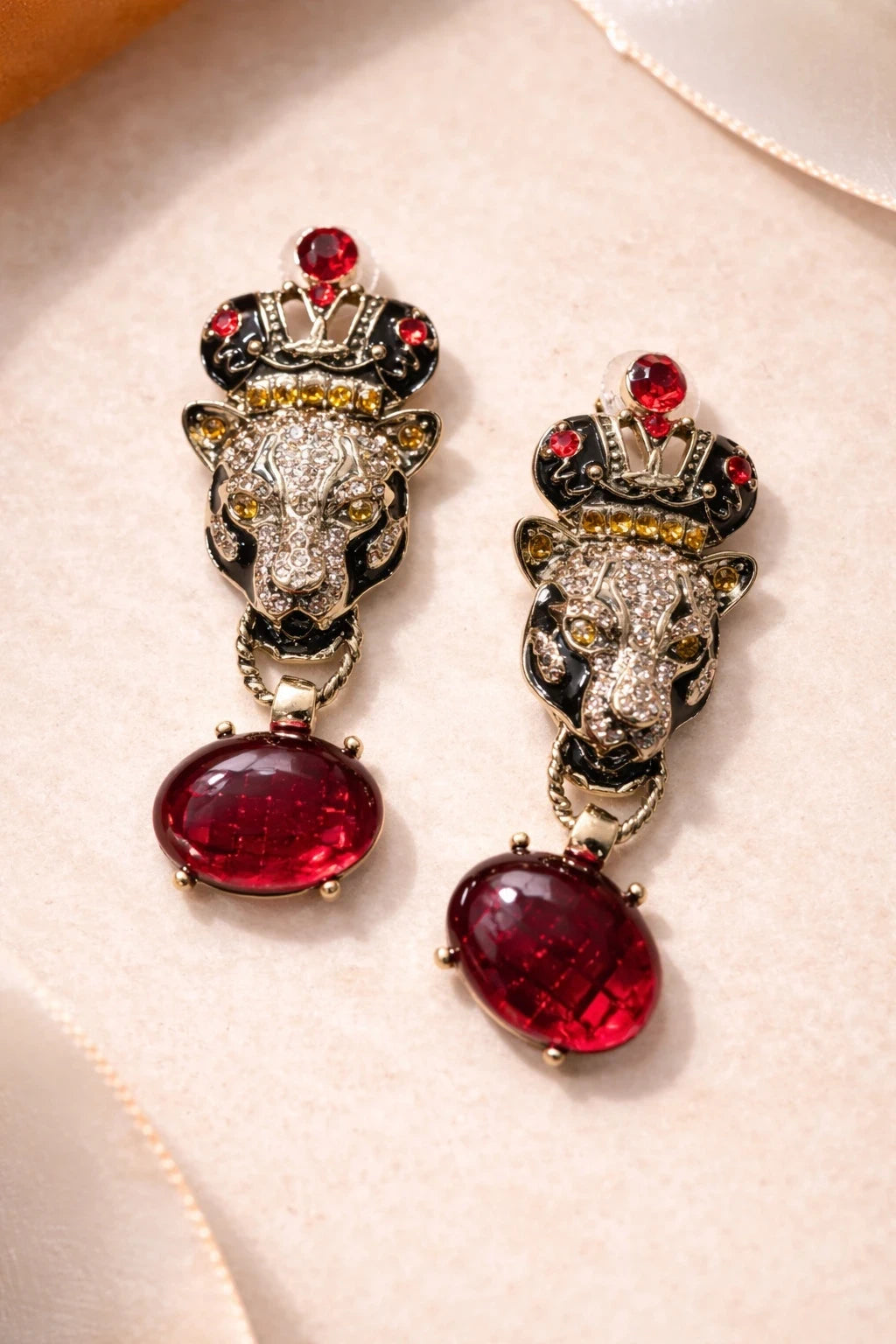 Luxury Panther Head Red Crystal Drop Earrings