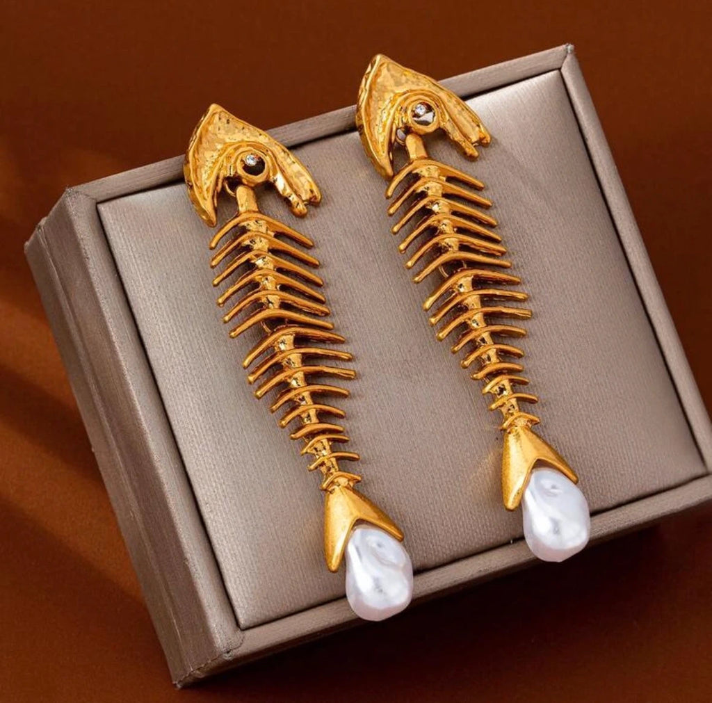 Gold Golden Fishbone Statement Earrings – view 2