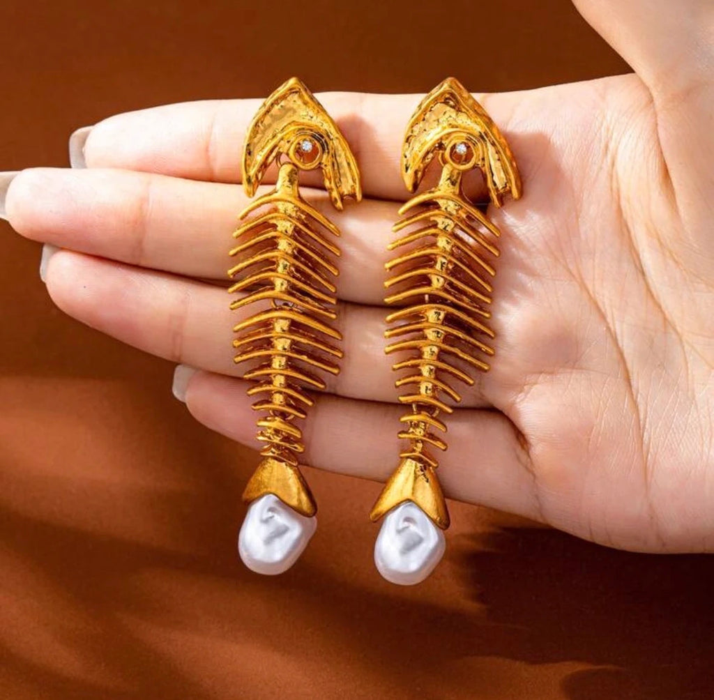 Gold Golden Fishbone Statement Earrings