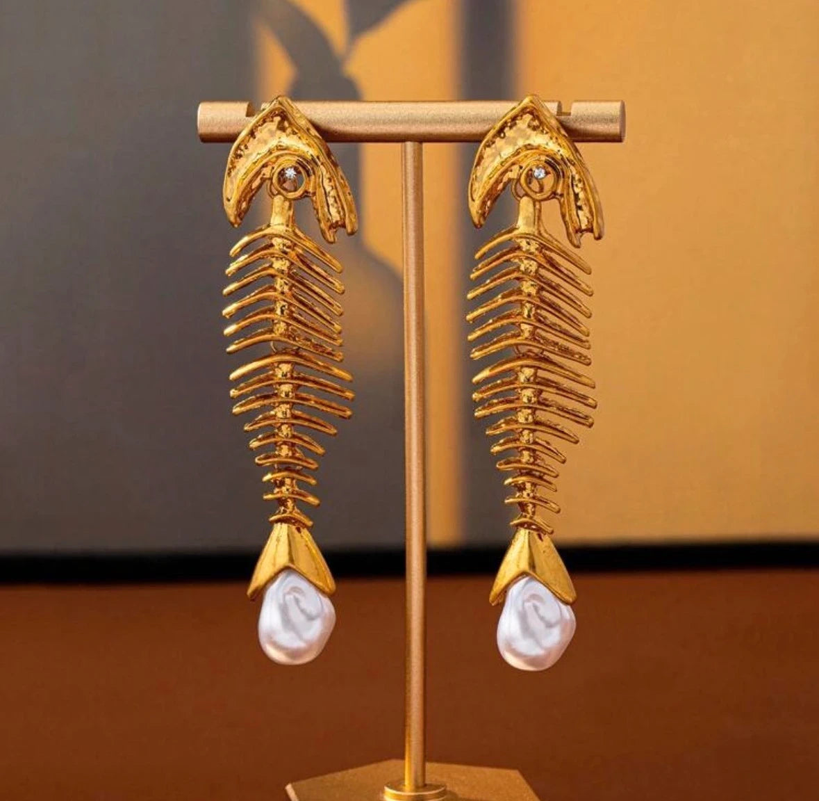 Gold Golden Fishbone Statement Earrings – view 3