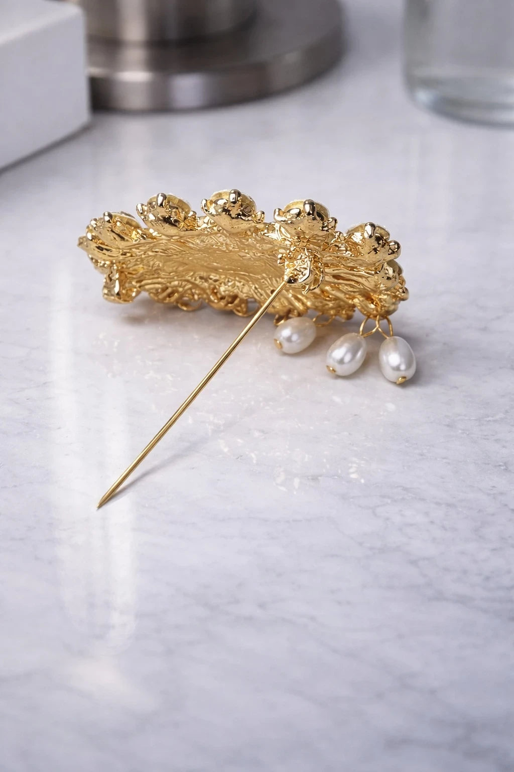 Gold Evil Eye Brooch Pin with Rhinestones & Pearl Drops – view 2