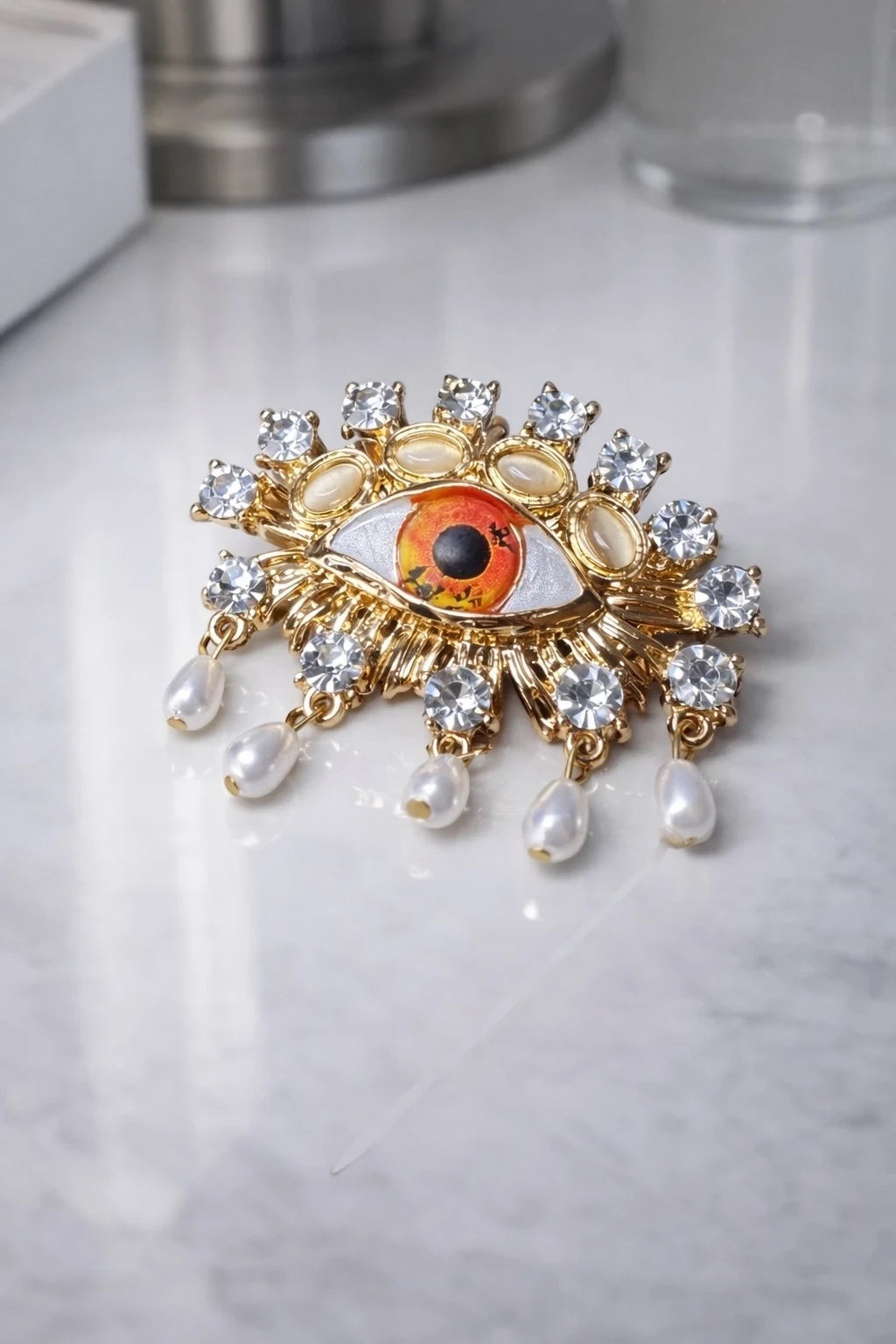 Gold Evil Eye Brooch Pin with Rhinestones & Pearl Drops