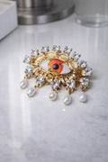 Gold Evil Eye Brooch Pin with Rhinestones & Pearl Drops