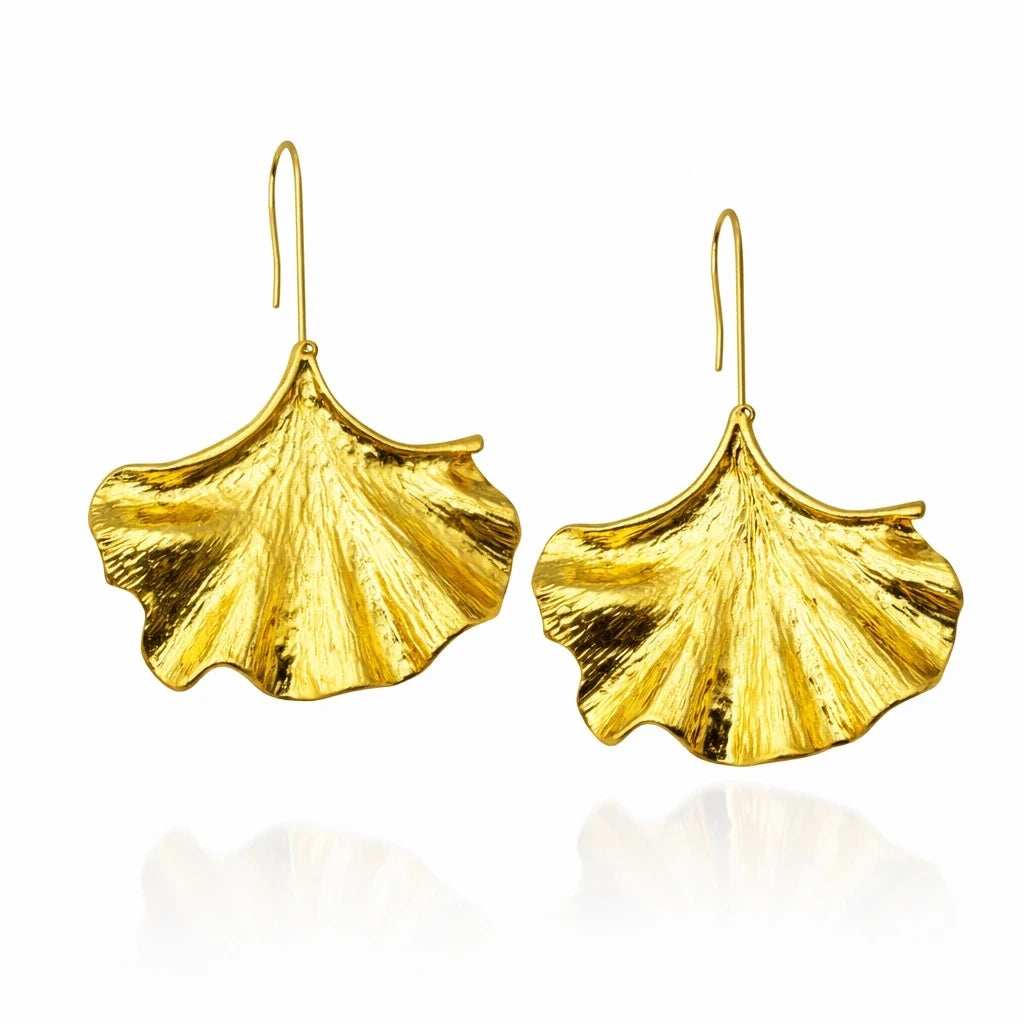 Gold Ginkgo Leaf Drop Earrings – view 3