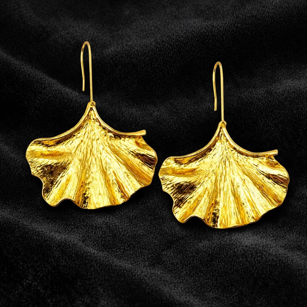 Gold Ginkgo Leaf Drop Earrings