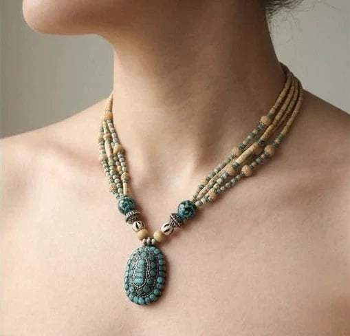 Boho Turquoise & Bone Bead Multi-Strand Necklace