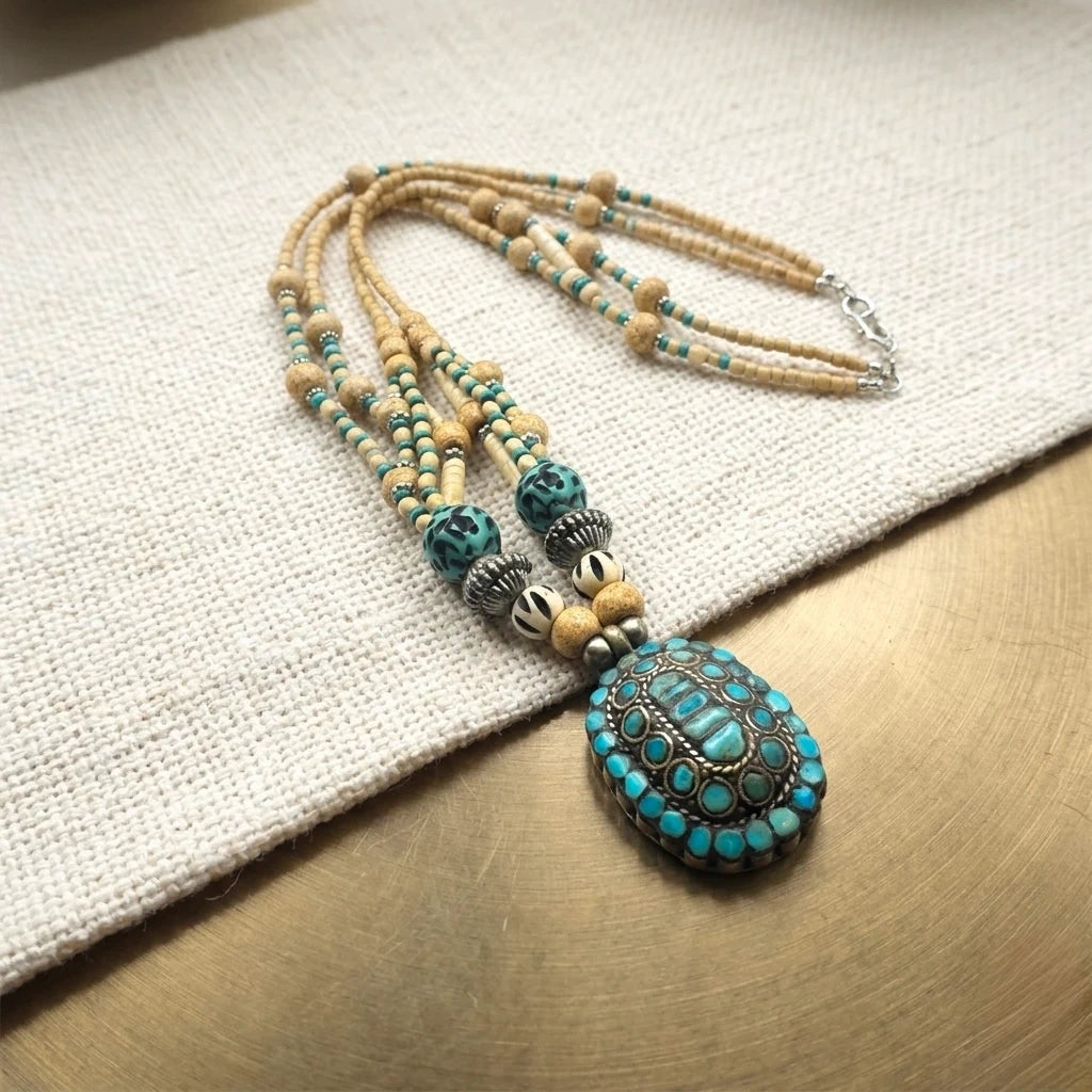 Boho Turquoise & Bone Bead Multi-Strand Necklace – view 2