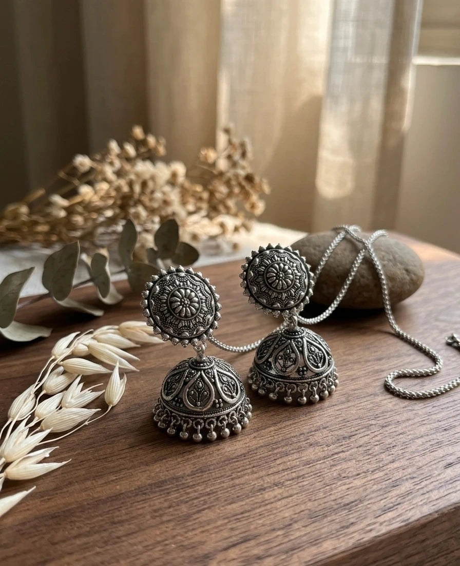 Vintage-Style Silver Oxidized Jhumka Earrings – view 2