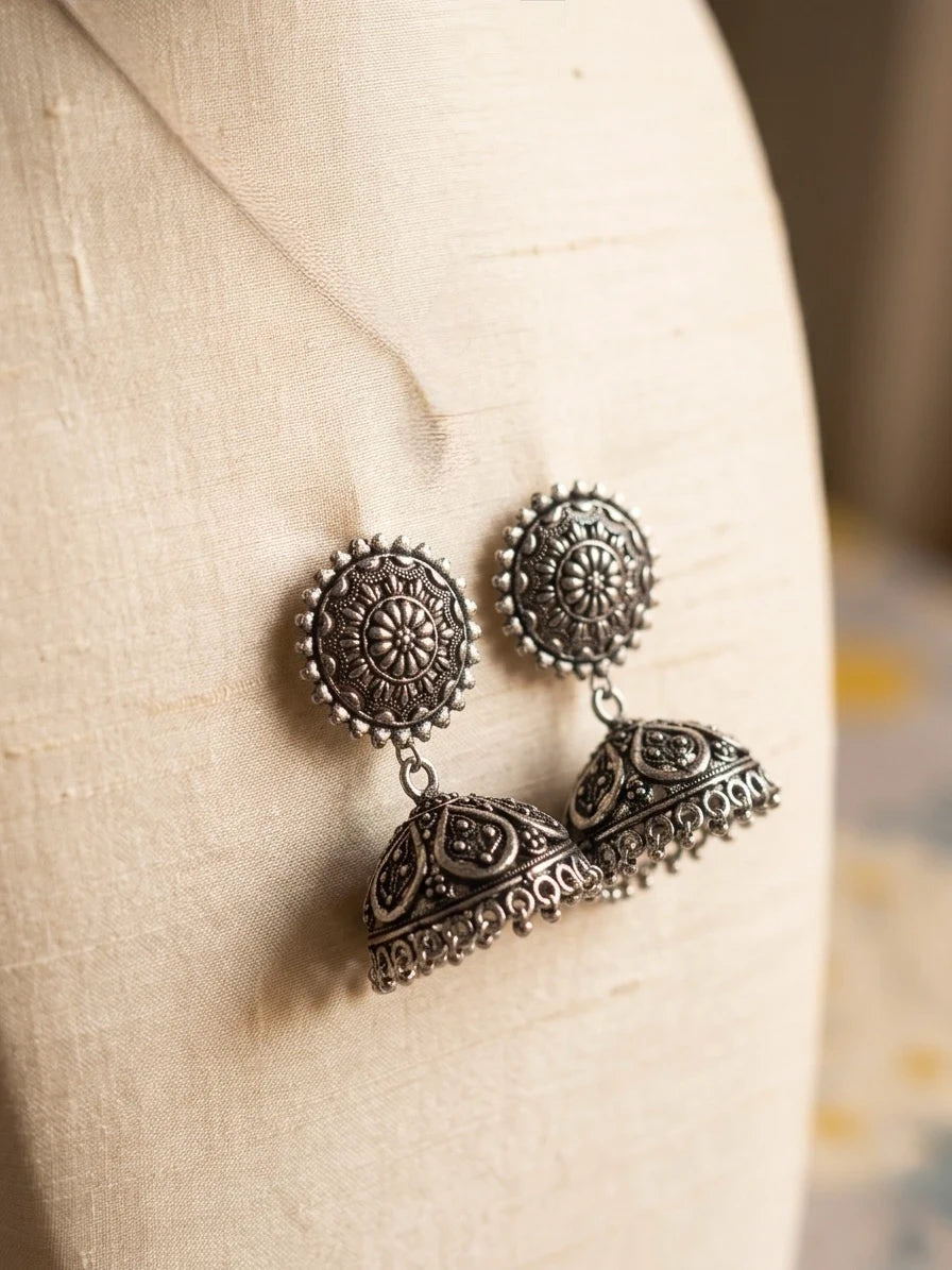 Vintage-Style Silver Oxidized Jhumka Earrings