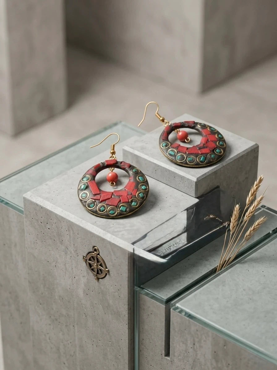 Tibetan-Style Mosaic Hoop Earrings – view 3
