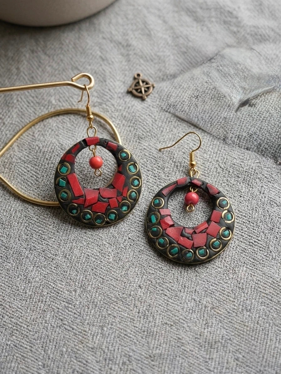 Tibetan-Style Mosaic Hoop Earrings