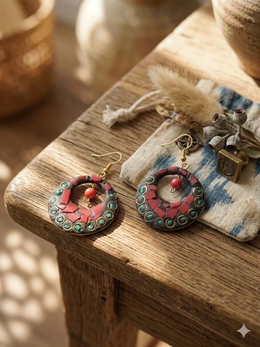Tibetan-Style Mosaic Hoop Earrings – view 2