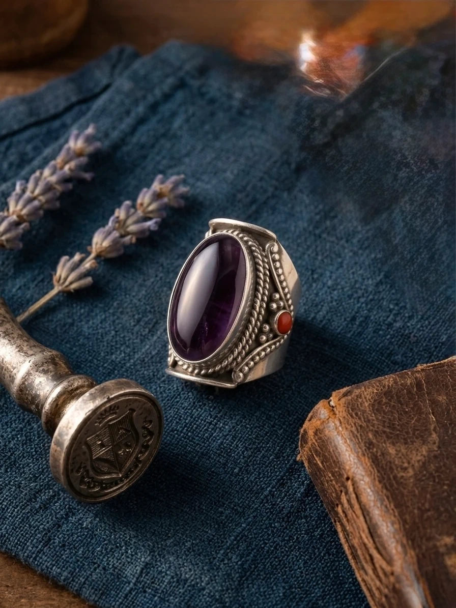 Large Oval Amethyst in Ornate Tribal Ring – view 3