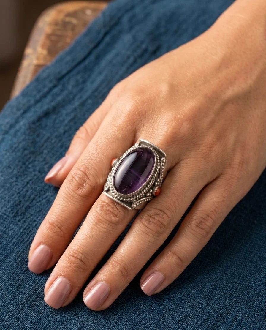 Large Oval Amethyst in Ornate Tribal Ring