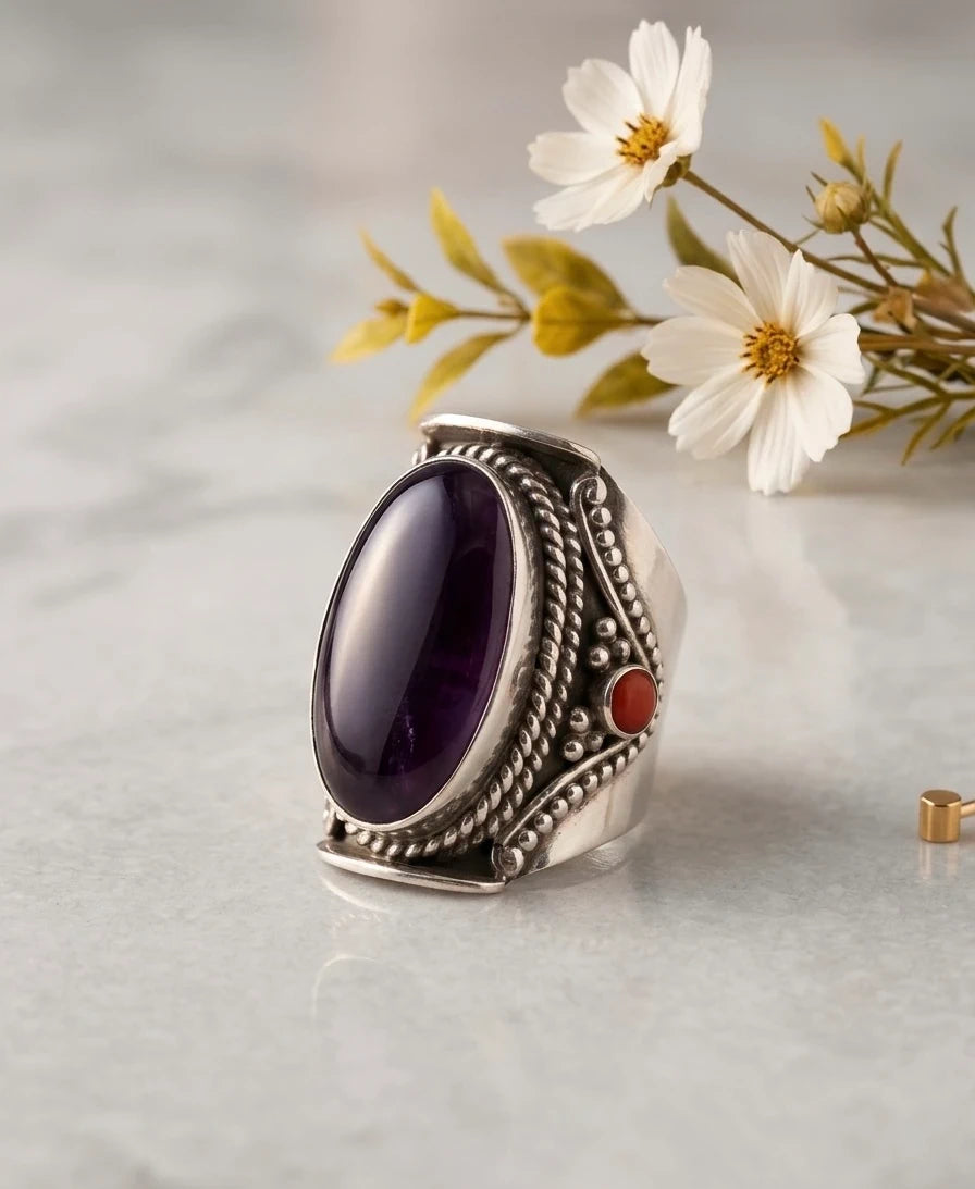 Large Oval Amethyst in Ornate Tribal Ring – view 2