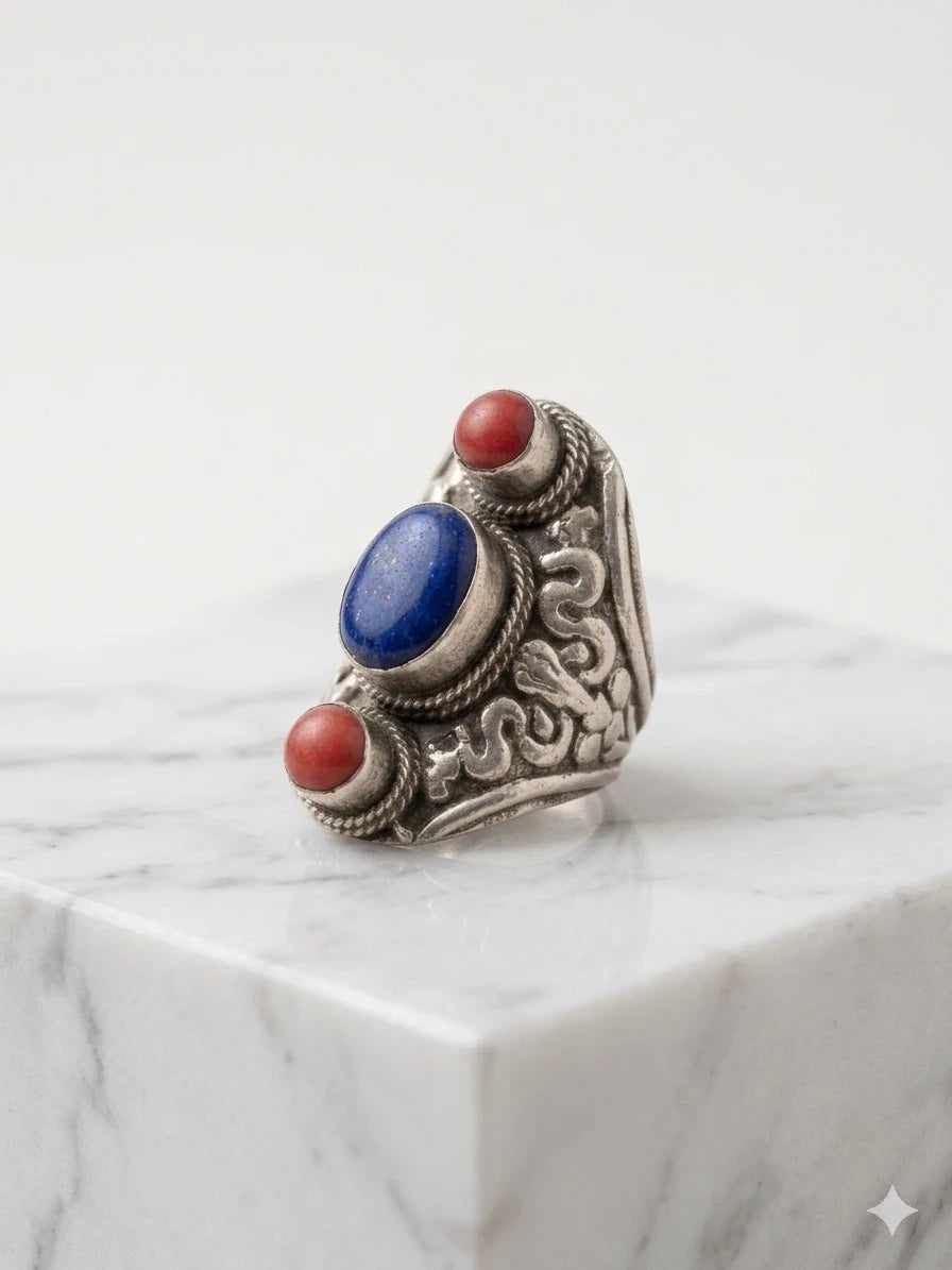 Bold Lapis & Coral Tribal Ring – view 3