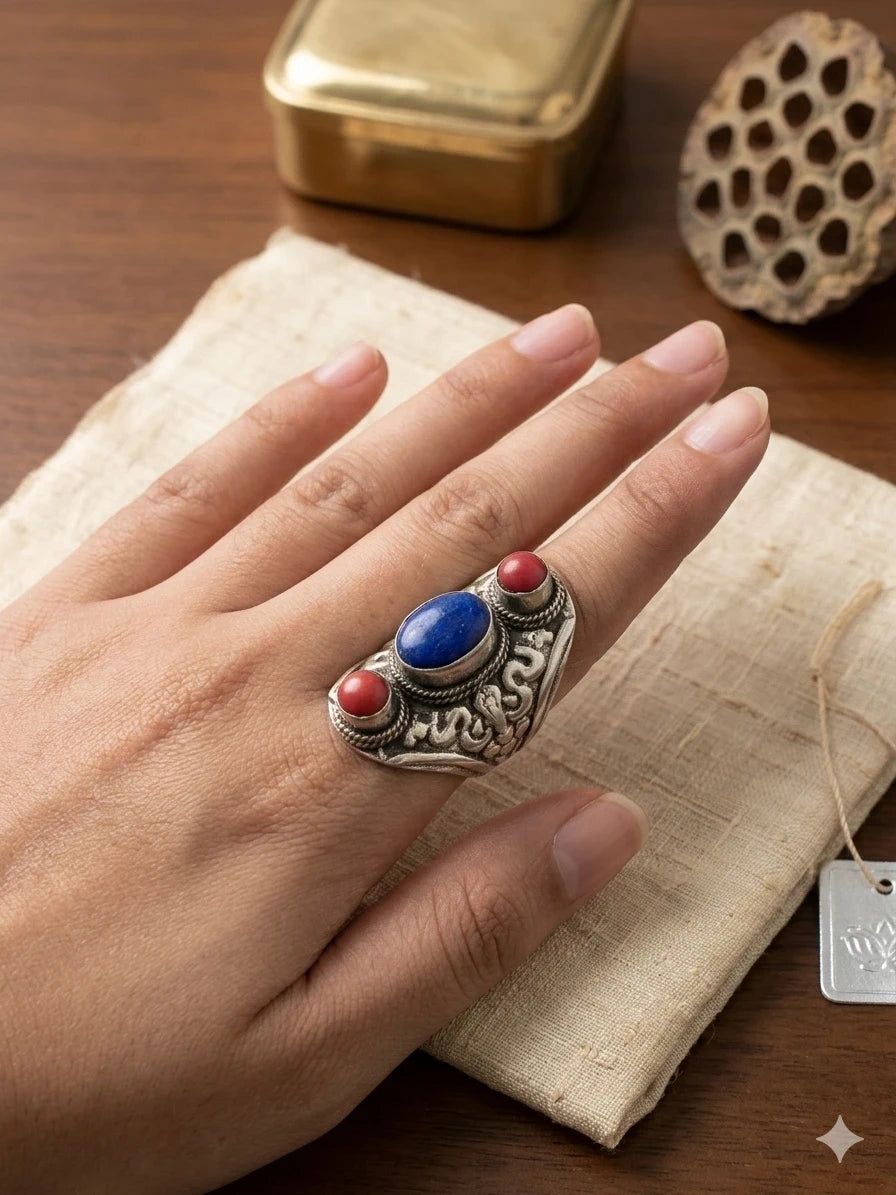 Bold Lapis & Coral Tribal Ring – view 2