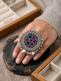 Oversized Multi-Color Tribal Mirror Ring with Jingling Charms