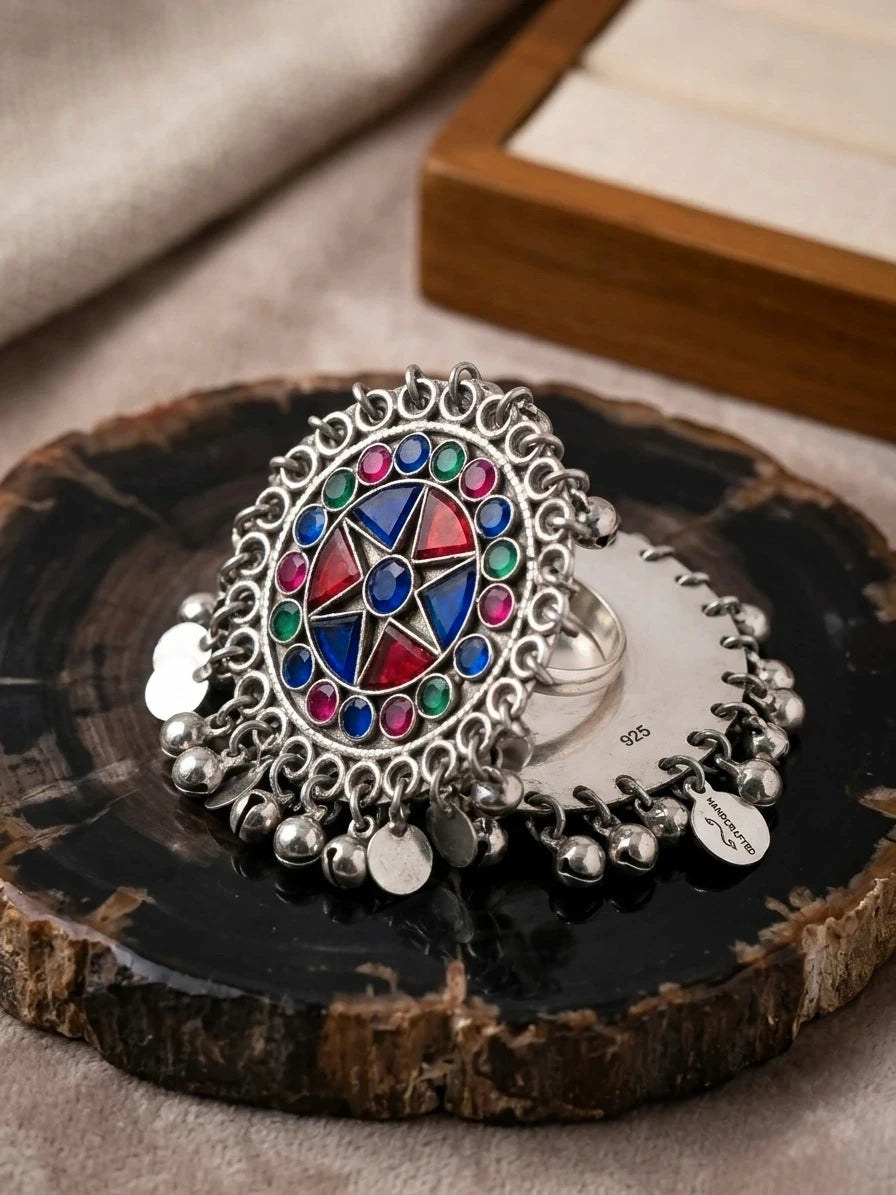 Oversized Multi-Color Tribal Mirror Ring with Jingling Charms – view 3