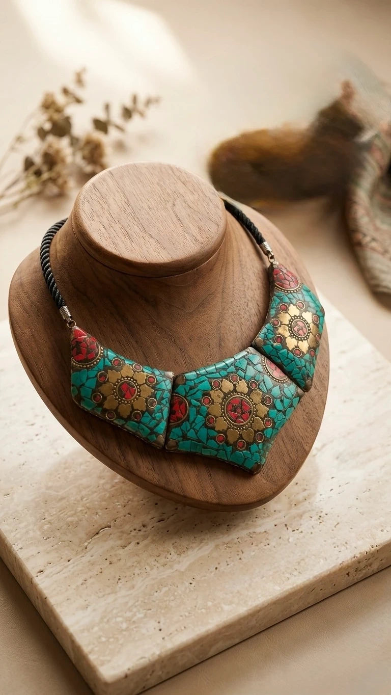 Tibetan-Style Mosaic Bib Necklace – view 3