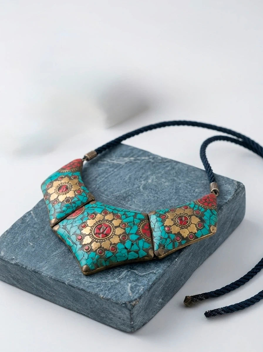 Tibetan-Style Mosaic Bib Necklace – view 2