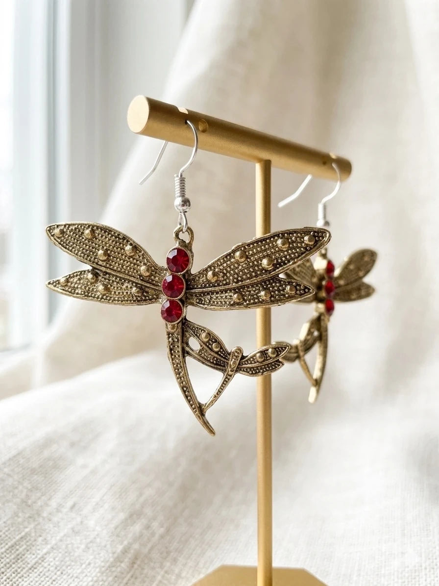 Dragonfly Earrings with Red Crystal Accents - Ornate Filigree Statement Jewelry – view 2